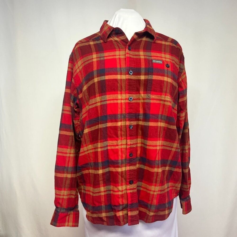 Columbia Mens Red Plaid Flannel Long Sleeve Button Down Shirt AM1523 Size L